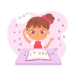 Confused kid suffering with dyscalculia vector illustration. Cartoon unhappy girl with difficulty in arithmetic sitting at desk in classroom, child doing homework isolated on white. Disability concept
